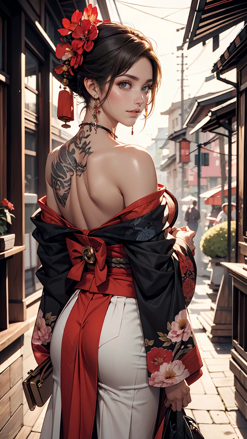 masterpiece, highest quality, highest quality, Official Art, beautifully、aesthetic:1.2),One girl, tattoo, alone, kimono, Red and black kimono, hair ornaments, unsheathing, Black Hair, sheath, back tattoo, dragon tattoo, blue eyes, Off the shoulder, Exposing shoulders, Recall, From behind, flower, View your viewers, Holding, compensate, Outdoor,smile