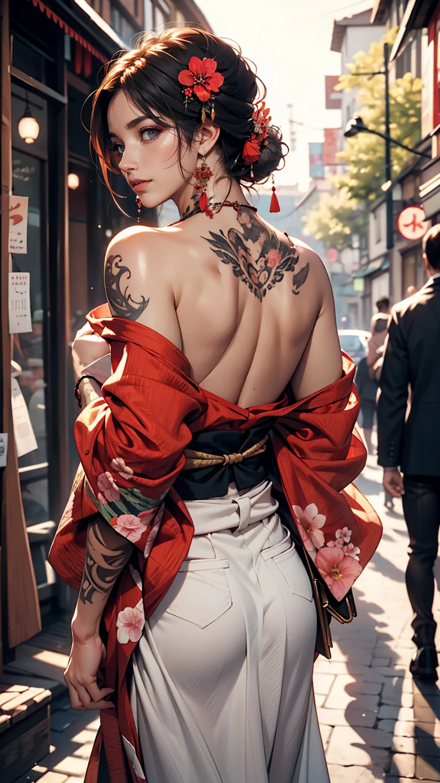 masterpiece, highest quality, highest quality, Official Art, beautifully、aesthetic:1.2),One girl, tattoo, alone, kimono, Red and black kimono, hair ornaments, unsheathing, Black Hair, sheath, back tattoo, dragon tattoo, blue eyes, Off the shoulder, Exposing shoulders, Recall, From behind, flower, View your viewers, Holding, compensate, Outdoor,smile