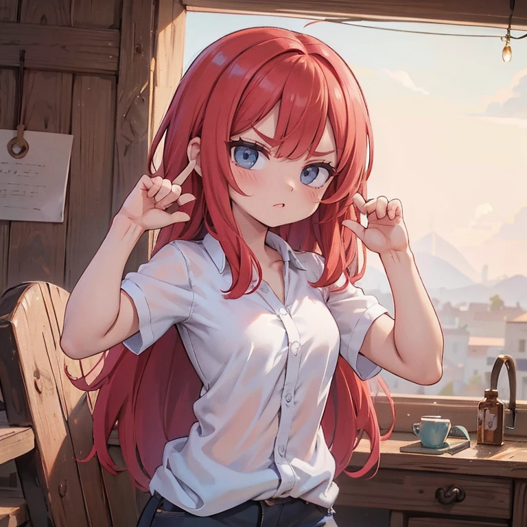 1 garota, Semi-realista, cabelo vermelho, Franjas frontais, Cabelo ondulado longo, olhos esmeralda, monolid eyes, olhos afiados, linda linda senhora, camisa grande, tronco, serious face, olhares inocentes, lente grande angular, Reduzir o zoom, olhando para o espectador, Photographic studio