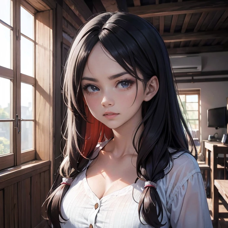 1 garota, Semi-realista, cabelo vermelho, Franjas frontais, Cabelo ondulado longo, olhos esmeralda, monolid eyes, olhos afiados, linda linda senhora, camisa grande, tronco, serious face, olhares inocentes, lente grande angular, Reduzir o zoom, olhando para o espectador, Photographic studio