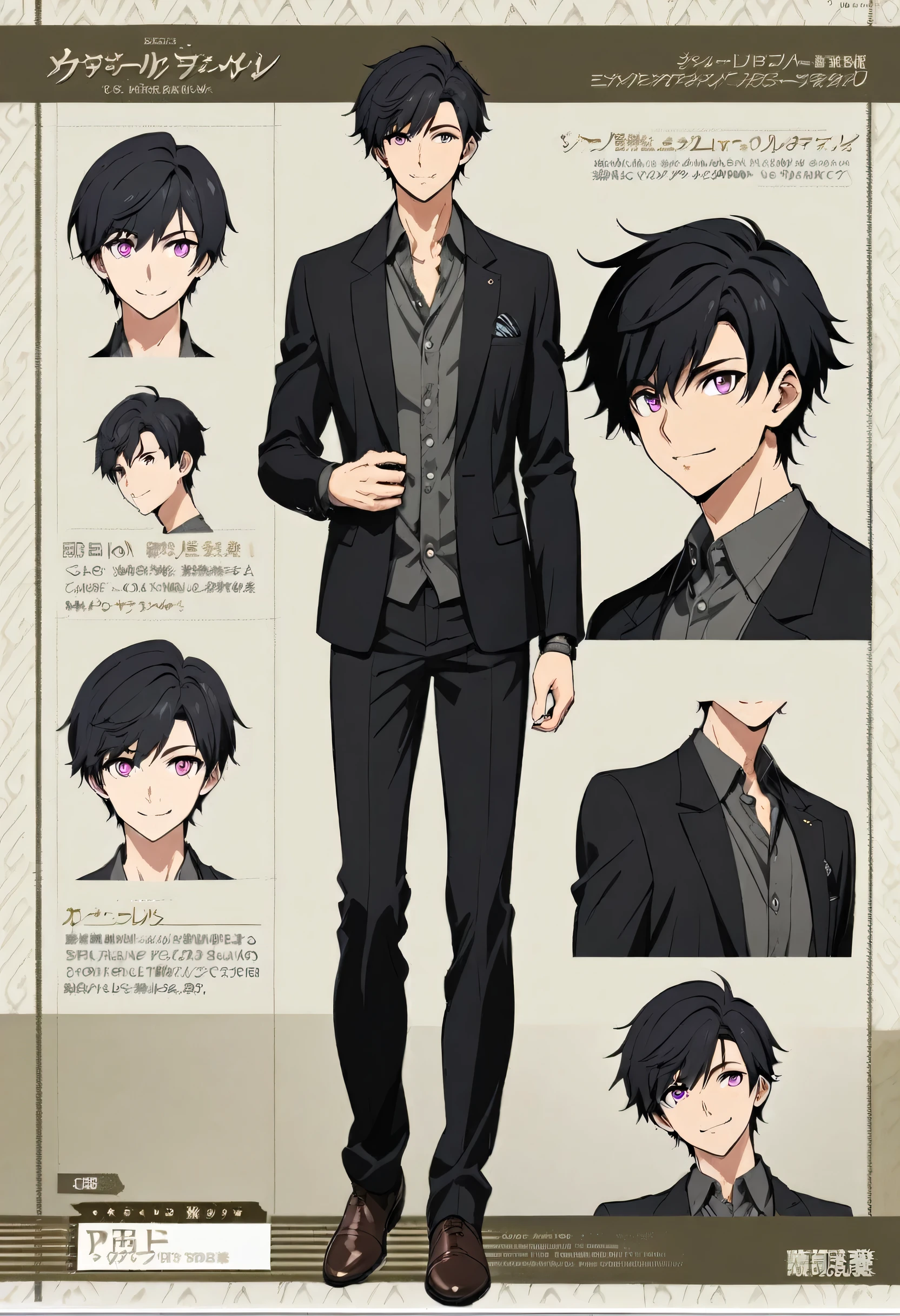 good looking, alone, 1 male, short hair, Black Hair, Pink Eyes,casual，suit，expensive， Smile Facial，Character design sheet，Full body image，front