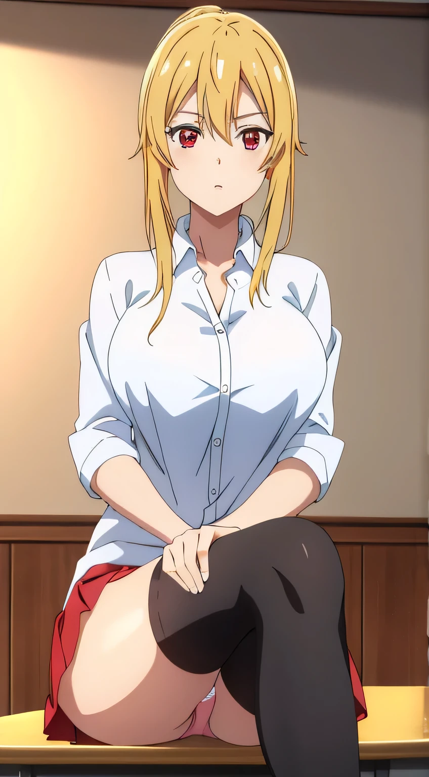 best quality, high resolution, 8K, anime art style, beautiful detailed eyes, extremely detailed face, soft expression, stylish pose, Angelica V4,1girl,solo,red eyes, (collared shirt, white shirt, miniskirt, panties,classroom, cowboy shot), looking at the audience, in the center of the image, beautiful large medium-sized breasts, beautiful face, slim waist, appealing, soft lighting,Crossing your legs, Sitting,tights