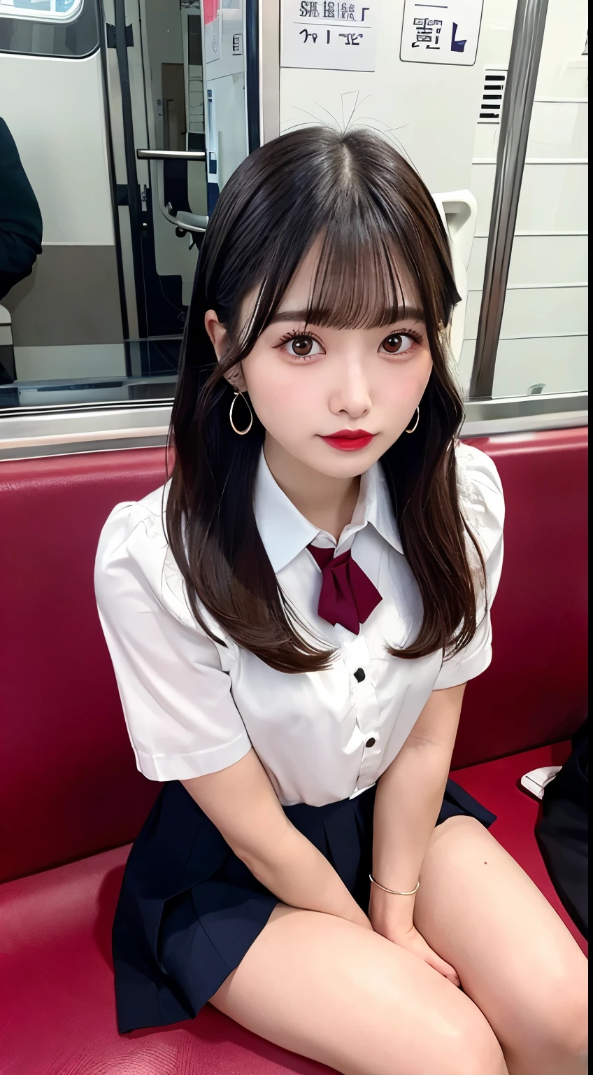 8K RAW Photos、High resolution、breast enhancement、Abdominal muscles、Ribbed、Black-haired、Beautiful at 22 years old Japan、Round face、very small lips、Round big、valley、Beautifully drawn eyes in every detail、Long eyelashes、Beautiful double eyelids、Three white eyes、Duck mouth、Blunt bangs、Bowl Cut、Earrings、necklace、Random facial expressions、White dress shirt, Upper Body,, (Navy Pleated Skirt:1.1), Thighs Thighs Thighs Thighs, Short sleeve, in the train, sit on bench seat,  (Dark red tie:1.1)、Shortcuts