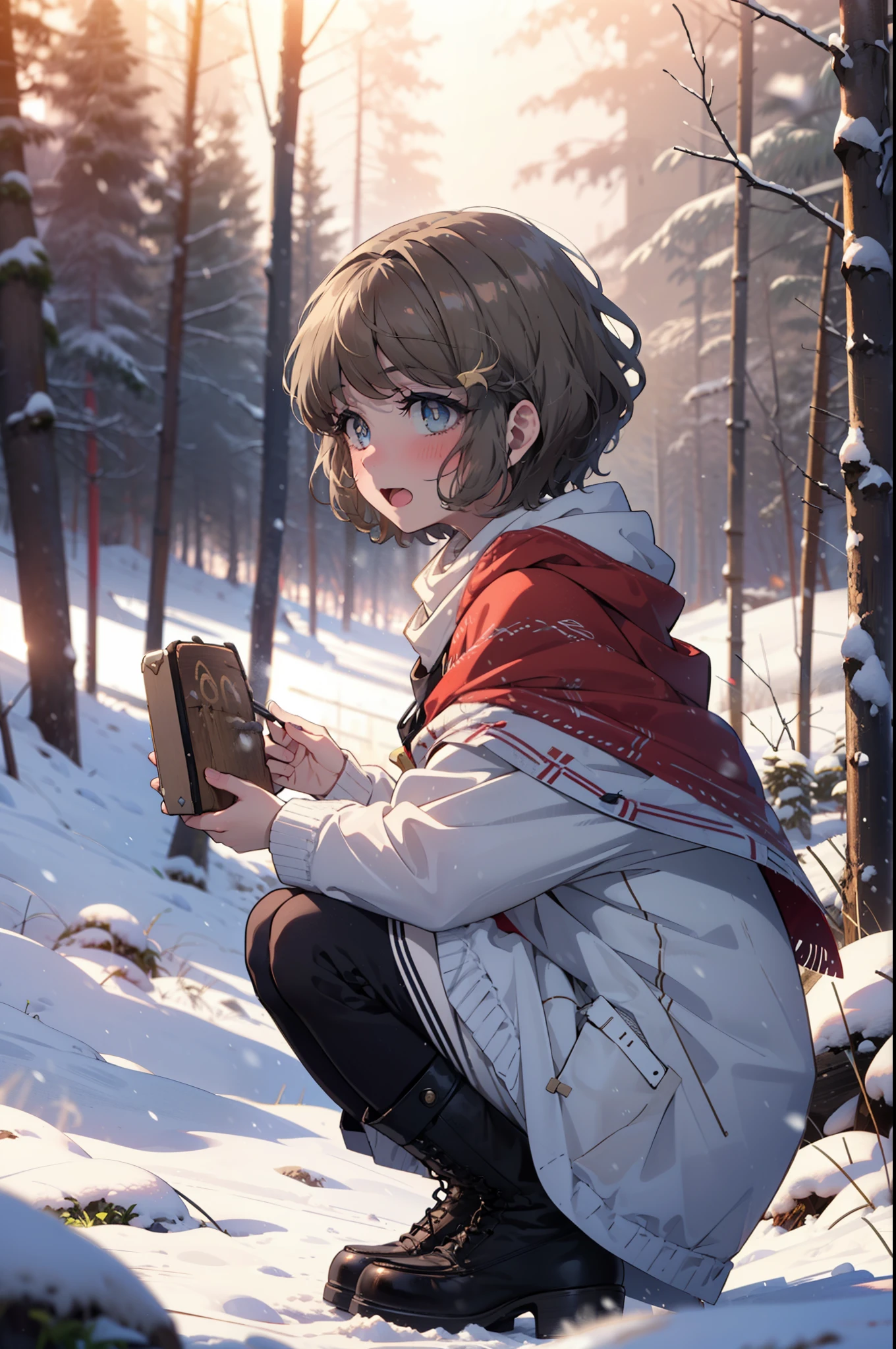 tomoekoga, Chie Koga, short hair, Brown Hair, blue eyes, hair band,smile,blush,White Breath,Medium Chest,
Open your mouth,snow,Ground bonfire, Outdoor, boots, snowing, From the side, wood, suitcase, Cape, Blurred, having meal, forest, White handbag, nature, Squat, Mouth closed, Cape, winter, Written boundary depth, Black shoes, red Cape break looking at viewer, Upper Body, whole body, break Outdoor, forest, nature, break (masterpiece:1.2), highest quality, High resolution, unity 8k wallpaper, (shape:0.8), (Beautiful and beautiful eyes:1.6), Highly detailed face, Perfect lighting, Highly detailed CG, (Perfect hands, Perfect Anatomy),