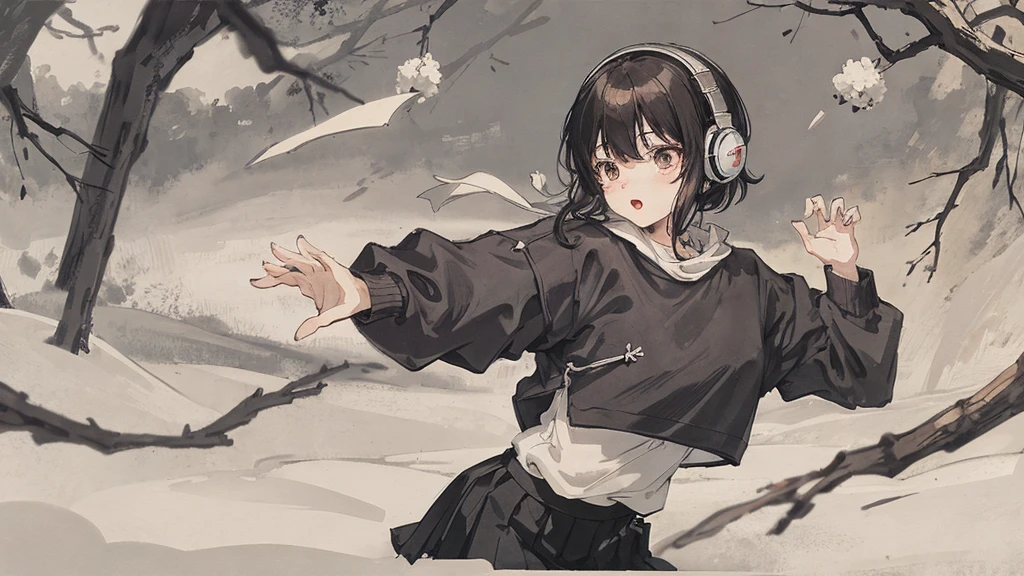 sparrow, black hair girl, wearing a sweater, black skirt, medium hair, headphone, because I&#39;thin, teen, serious face, Japanese high school girl. She stands at the shrine,cherry blossoms,Looking up at the blue sky,Walking through the streets of cherry blossoms