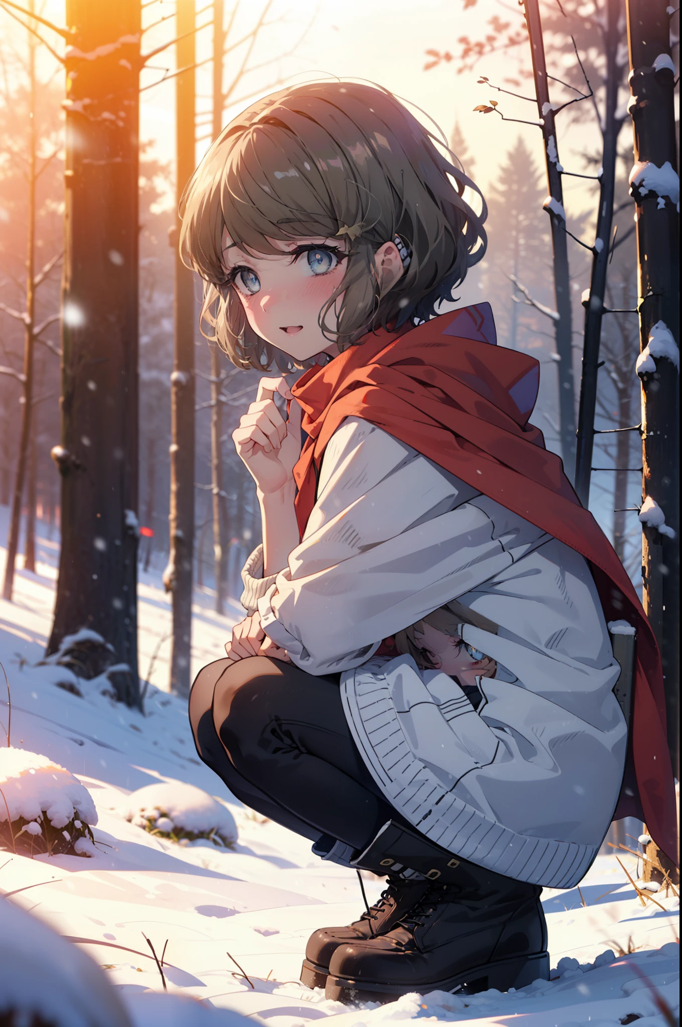 tomoekoga, Chie Koga, short hair, Brown Hair, blue eyes, hair band,smile,blush,White Breath,Medium Chest,
Open your mouth,snow,Ground bonfire, Outdoor, boots, snowing, From the side, wood, suitcase, Cape, Blurred, having meal, forest, White handbag, nature, Squat, Mouth closed, Cape, winter, Written boundary depth, Black shoes, red Cape break looking at viewer, Upper Body, whole body, break Outdoor, forest, nature, break (masterpiece:1.2), highest quality, High resolution, unity 8k wallpaper, (shape:0.8), (Beautiful and beautiful eyes:1.6), Highly detailed face, Perfect lighting, Highly detailed CG, (Perfect hands, Perfect Anatomy),