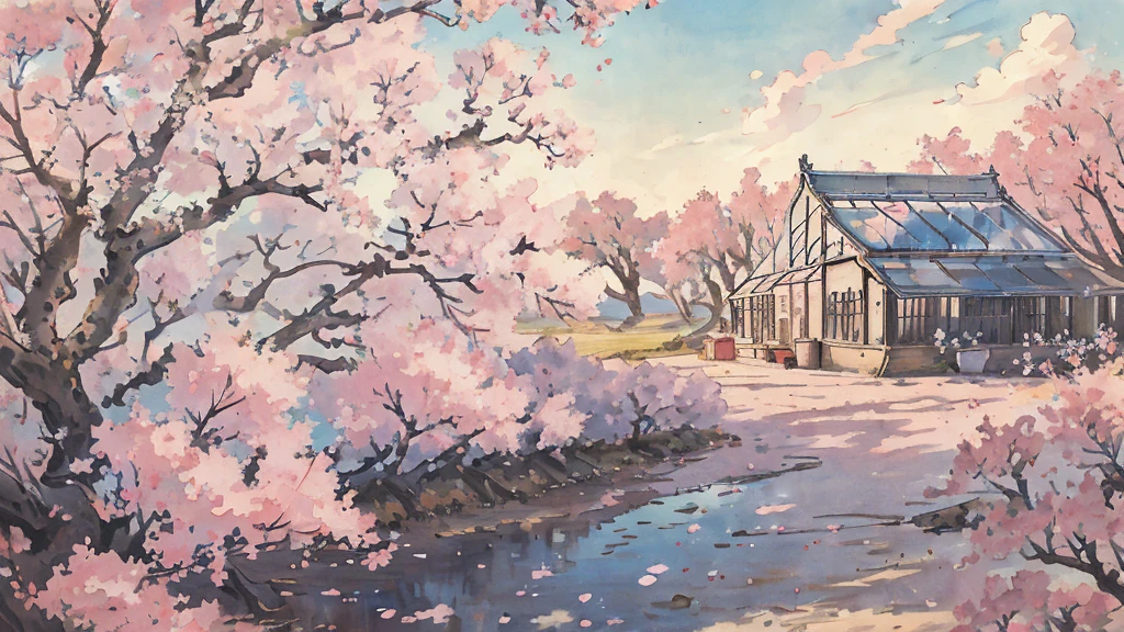 highest quality, masterpiece, very detailed, detailed background, anime, girl1, Young girl, girl, SF, cherry blossoms, outdoor, morning, greenhouse, giant structure, Wind view, scenery, horizon, look up at the sky, Wind, avert your eyes, atmosphere lighting, focus only, close, From the side, Depth of written boundary,black hair,detailed face