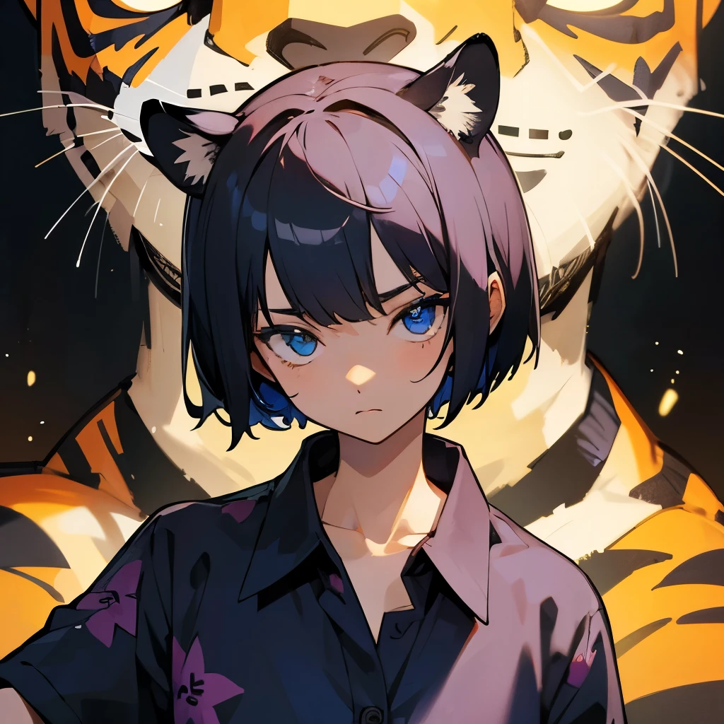 woman、short hair、Blue Eyes、Black Aloha Shirt、Tiger ears、Light hits the face from the front