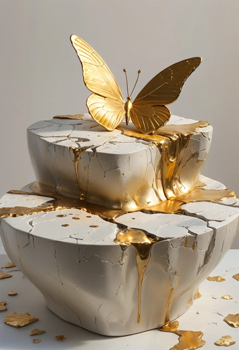 ((display，Still life table，Artistic statues，3D Sculpture，ceramics，Surface cracks，Shattered Texture)), Showing the beauty of nature.gold，Golden powder， To emphasize its artistic quality.
