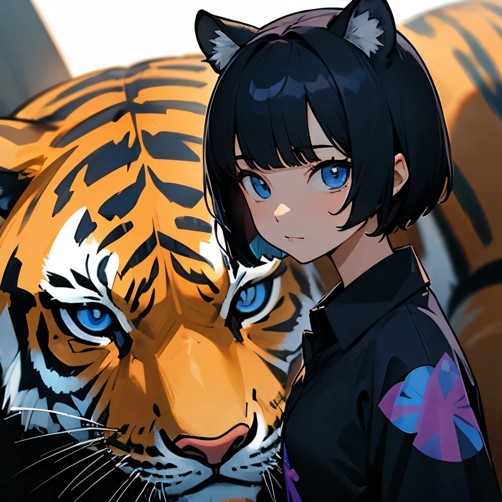 woman、short hair、Blue Eyes、Black Aloha Shirt、Tiger ears、Light hits the face from the front