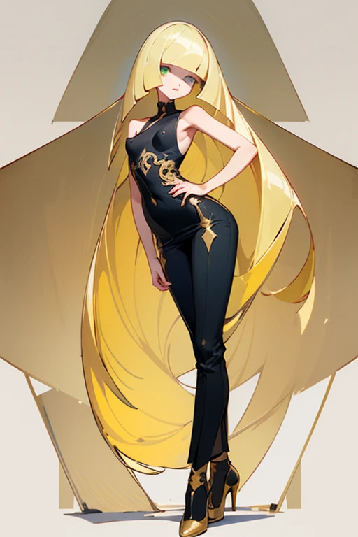 ((highest quality)), ((masterpiece)), (Familiar), Lusamine,thin,thin,Long blonde hair,Small breasts,Erect nipples,Adult female,Green Eyes,Slanted Eyes,Sleeveless dress,Black Dress,Gold embroidery,Pants Style,High heels,Fascinating