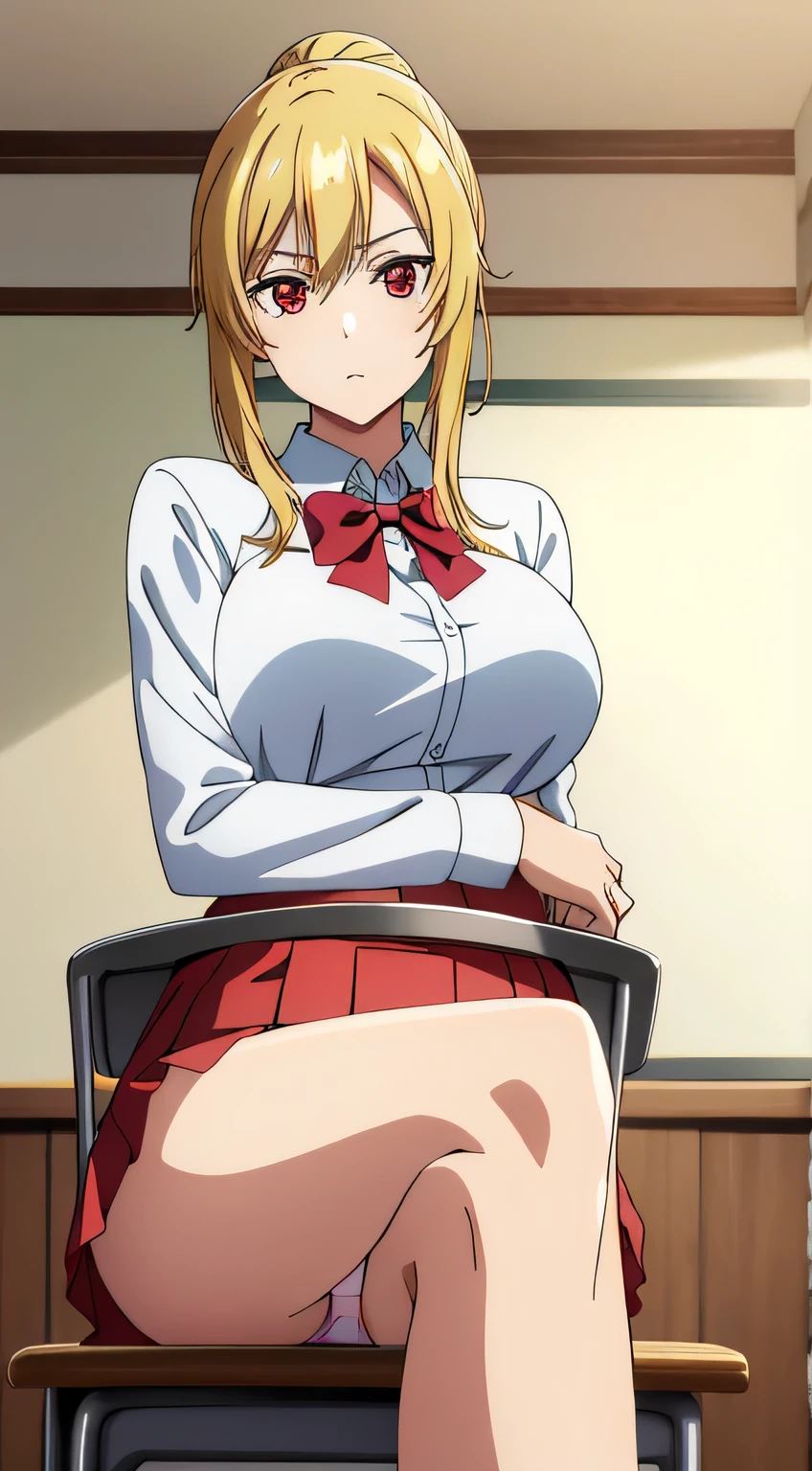 best quality, high resolution, 8K, anime art style, beautiful detailed eyes, extremely detailed face, soft expression, stylish pose, Angelica V4,1girl,solo,red eyes, (collared shirt, white shirt, miniskirt, panties,classroom, cowboy shot), looking at the audience, in the center of the image, beautiful large medium-sized breasts, beautiful face, slim waist, appealing, soft lighting,Crossing your legs, Sitting,tights