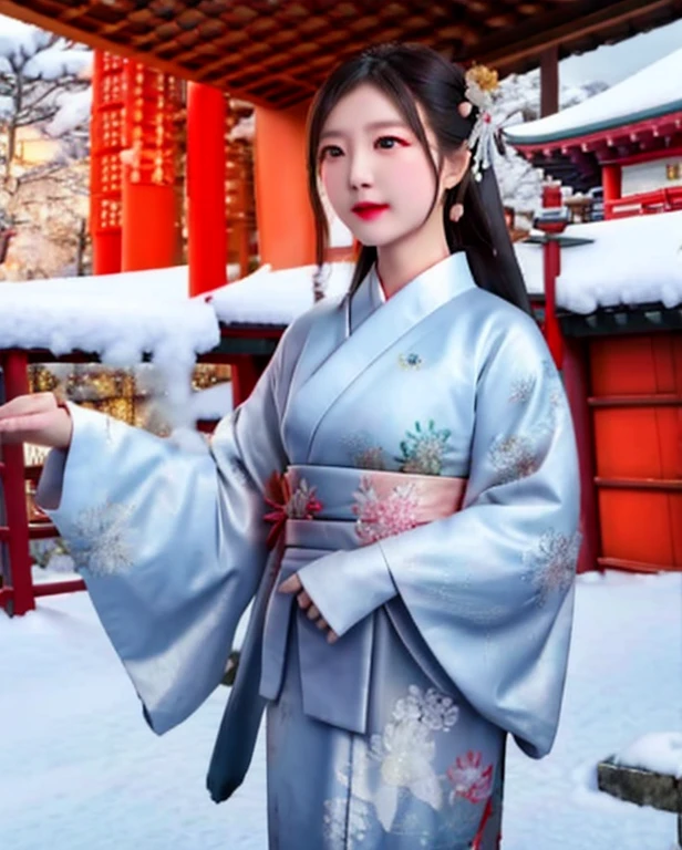 Japanese dress,flying fabric,wind blow,beautiful face,8k,snow fall,temple