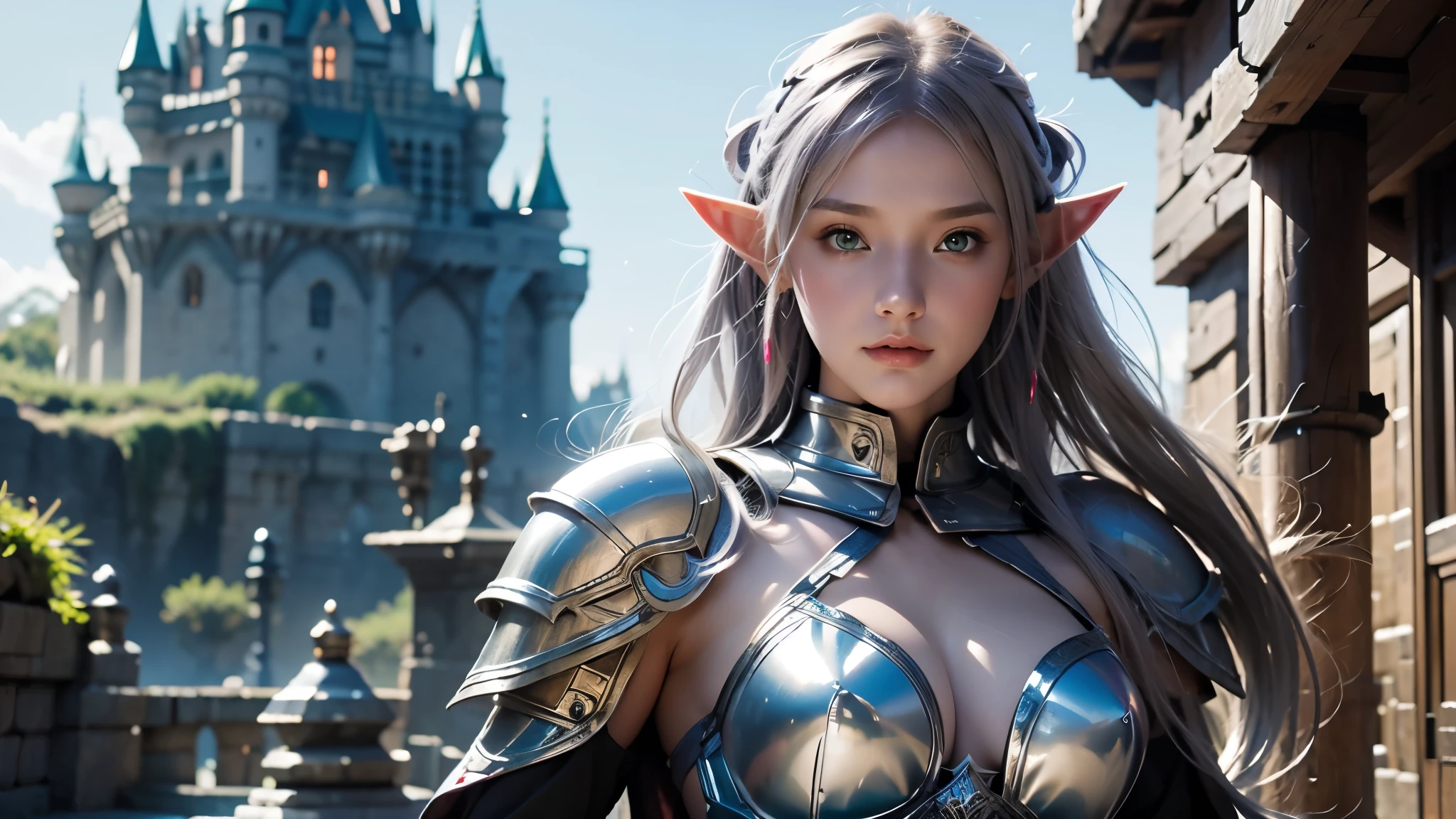 Close-up of a woman holding a sword and armor, Armor Girl, 2. 5D CGI anime fantasy artwork, Female Elf, Large scale navel exposure，Epic fantasy digital art style, detailed Digital 2D fantasy art, Digital 2D fantasy art, Gorgeous female warriors, Role Playing Game Character Art, beautiful female knight, Fantasy Character Art, Epic and beautiful character art, beautiful female warrior，The background is the castle，dusk，semi-body photography