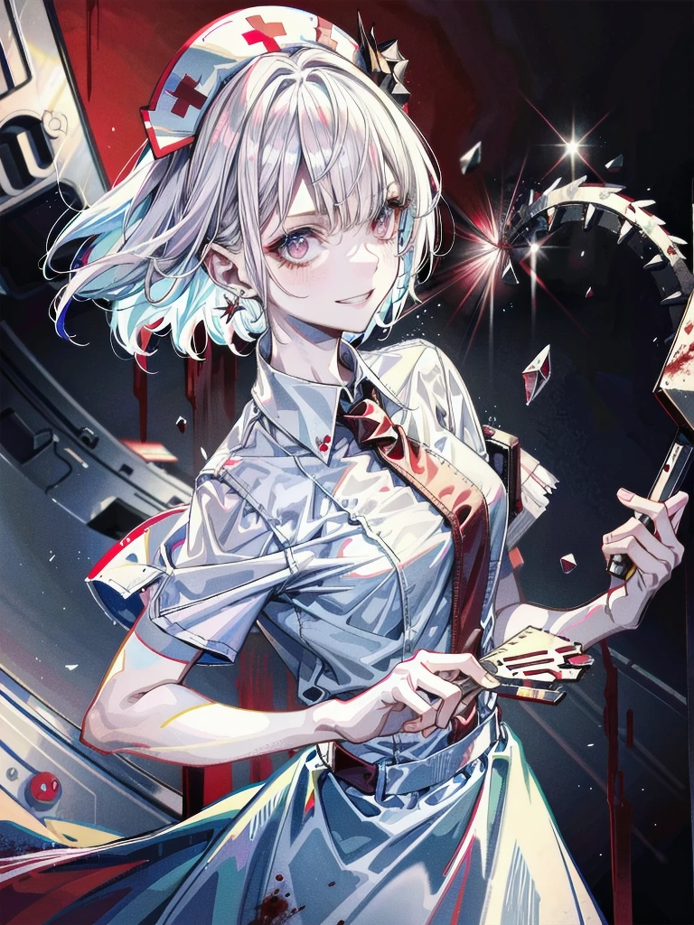 blood, blood splatter, blood on clothes, blood stain, hospital, ((nurse uniform)), holding electric chainsaw, absurdres, RAW photo, extremely delicate and beautiful, masterpiece, Best Quality, ultra high resolution, 32k, hyperrealistic, ultra-detailed, detailed description, pale skin, 20 years old, tearful mole, earring, Colossal tits, short medium hair, wavy hair, evil grin, full body shot,