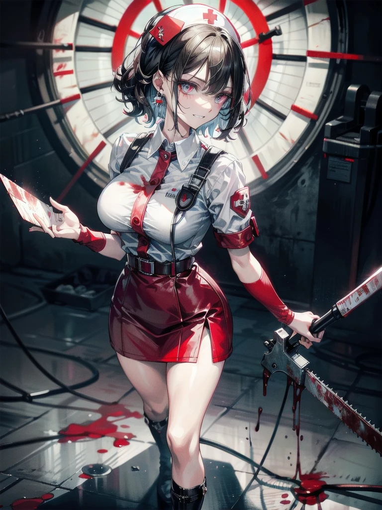 blood, blood splatter, blood on clothes, blood stain, hospital, ((nurse uniform)), holding electric chainsaw, absurdres, RAW photo, extremely delicate and beautiful, masterpiece, Best Quality, ultra high resolution, 32k, hyperrealistic, ultra-detailed, detailed description, pale skin, 20 years old, tearful mole, earring, Colossal tits, short medium hair, wavy hair, evil grin, full body shot,