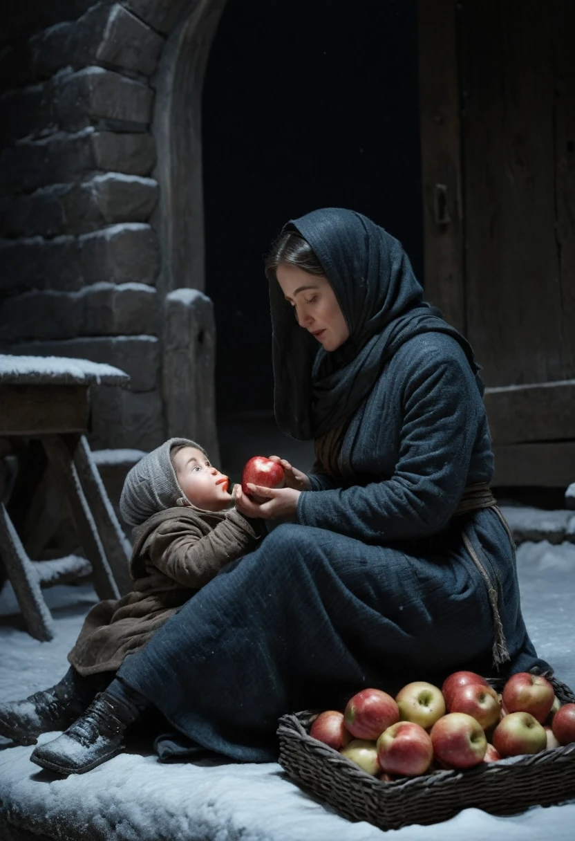 cold winter night, poor and hungry mother, gave her weak child the only apple. the loving gaze of the mother convey the greatness and sacrifice of maternal love, (masterpiece, best quality, Professional, perfect composition, very aesthetic, absurdres, ultra-detailed, intricate details:1.3)
