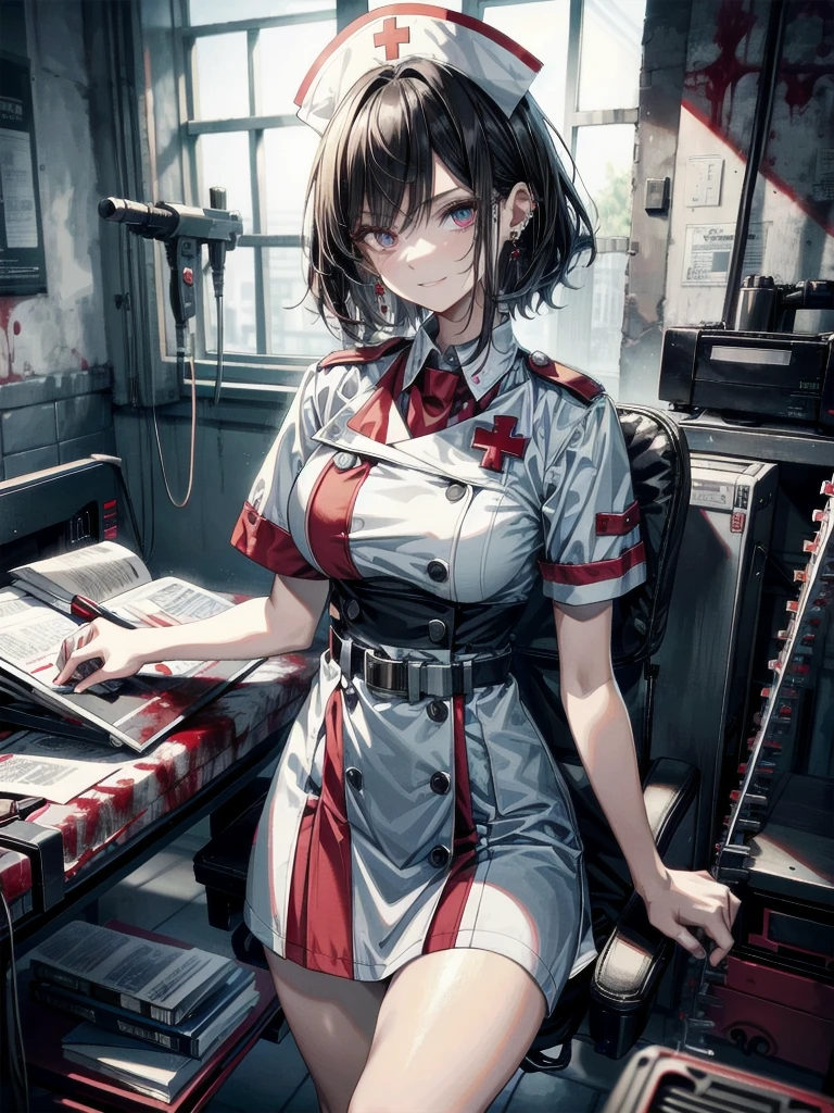 blood, blood splatter, blood on clothes, blood stain, hospital, ((nurse uniform)), holding electric chainsaw, absurdres, RAW photo, extremely delicate and beautiful, masterpiece, Best Quality, ultra high resolution, 32k, hyperrealistic, ultra-detailed, detailed description, pale skin, 20 years old, tearful mole, earring, Colossal tits, short medium hair, wavy hair, evil grin, full body shot,