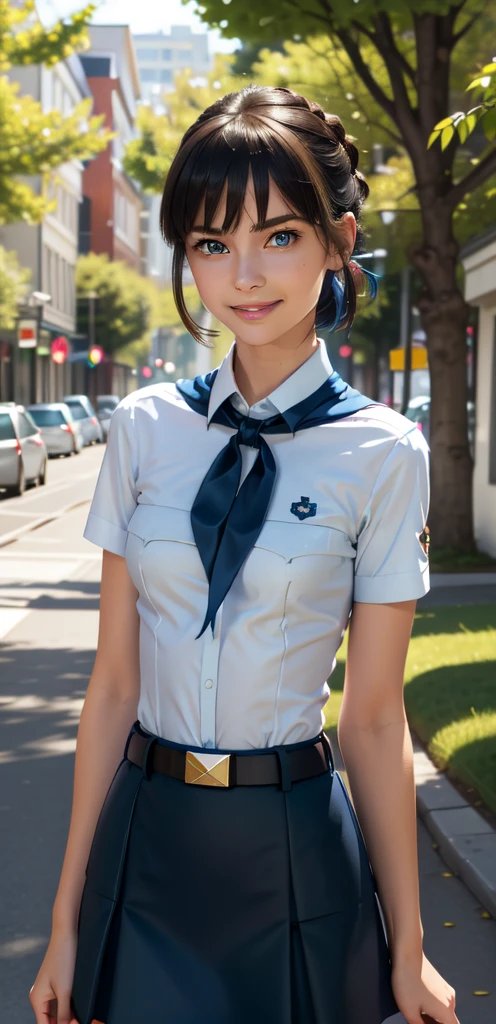 very young slim fit girl, full height, rounded face, big blue eyes, shy smile, perfect flat breast, pioneer neckerchief, micro tight blue pleated skirt, bangs, tight white shirt, short sleeves, collared shirt, belt, red neckerchief, breast pocket, braid, hair ribbon, blue ribbon, short hair, hair bun, saber