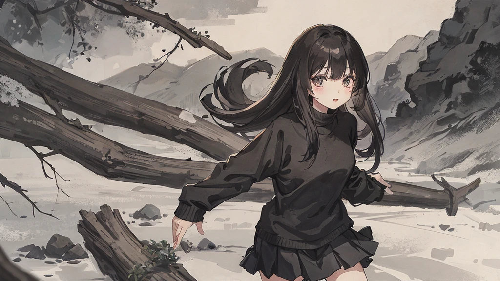 sparrow, black long hair girl, wearing a sweater, black skirt, medium hair, because I&#39;thin, teen, serious face, Japanese high school girl. She stands at the shrine,cherry blossoms,Looking up at the blue sky,Walking through the streets of cherry blossoms,cherry blossoms