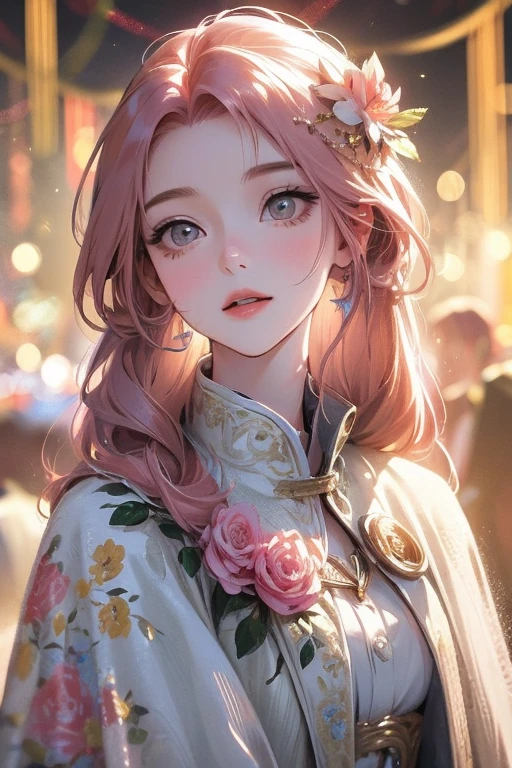 High resolution, highest quality, Wearing a gorgeous dress,Big bright eyes, Bright and vibrant pink hair, Rosy Cheeks, Soft Light, Very detailed,Beautiful, gentle and bright expression, shiny silky hair, Gorgeous floral hair ornament