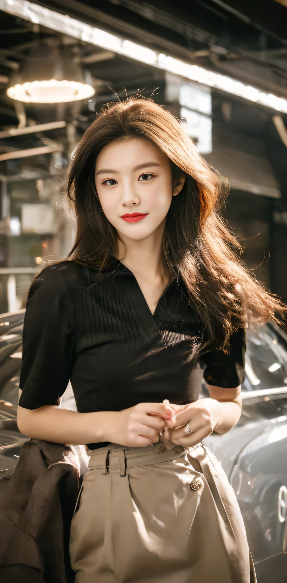 RAW photo, bokeh, (Lifelike face), smiled slightly, Top image quality, High resolution, best quality, 8k, HDR, (photorealistic:1.55), (1girl:1.4), brown and curly and messy hair, very detailed face, beautiful eyes, [chubby], adorable, full body portrait, Close-up, sharp outline, romantic, Korean stylish, fashion, stylish costume, uniform, tight lace t-shirt, high waist skirt, Thigh high stockings, (spread legs:1.27), delicate face, brown hair fluttering in the wind, 22-year-old girl, slim figure, small bust, sexy, plump breasts, open chest, bra, charisma, glamorous, standing tall.