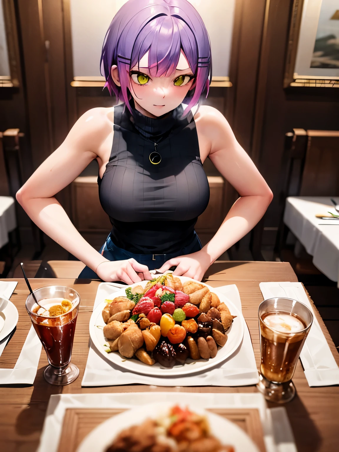 NSFW,Hololive,Towa Tokoyami,Short Hair,Married Woman,Turtleneck sweater,Sleeveless,jeans,(Perfect hands),(Perfect Anatomy),(masterpiece),(highest quality),dining,table