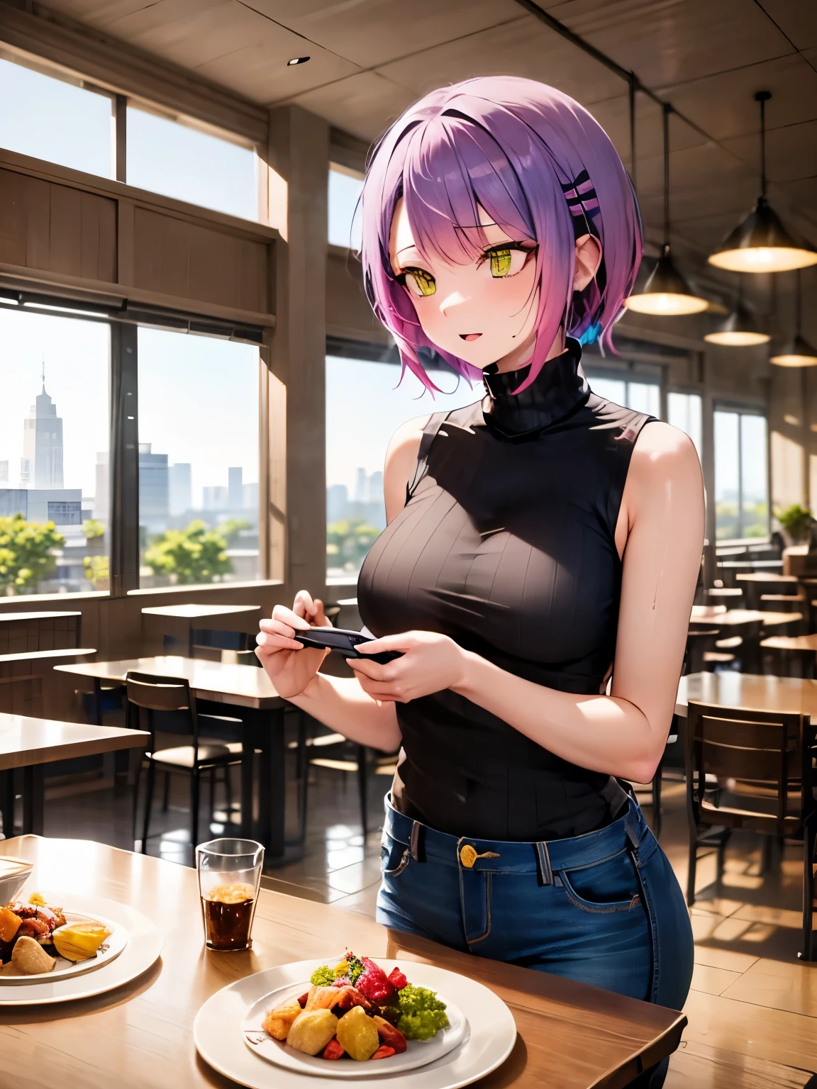 nsfw, masterpiece, 1 girl, erect nipples, intricately detailed, topless, navel, denim hotpants, bare shoulders, necklace, interior, dj, headset, baseball cap, citypop, erect nipples, puffy nipples, extremely detailed, photorealistic, octane render, 8 k, unreal engine, bare breasts, nipples, bare stomach, sweaty, people on background, moist breath, small breasts, flat chests, child, smiling, leaning forward, collarbone, wet body, pink hair, ray of lights, nipple-piercing, fast food counter, nipple chain
