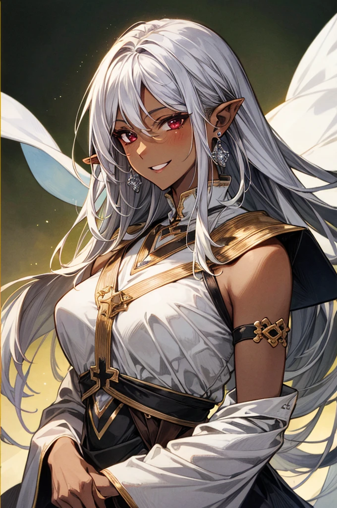 masterpiece、Depiction of the upper body、High resolution、high quality、High resolution、young woman、Dark Elf、((Dark Skin))、((Pointy Ears))、Silver Hair、Smiling Kindly、Beautiful Lips、near、