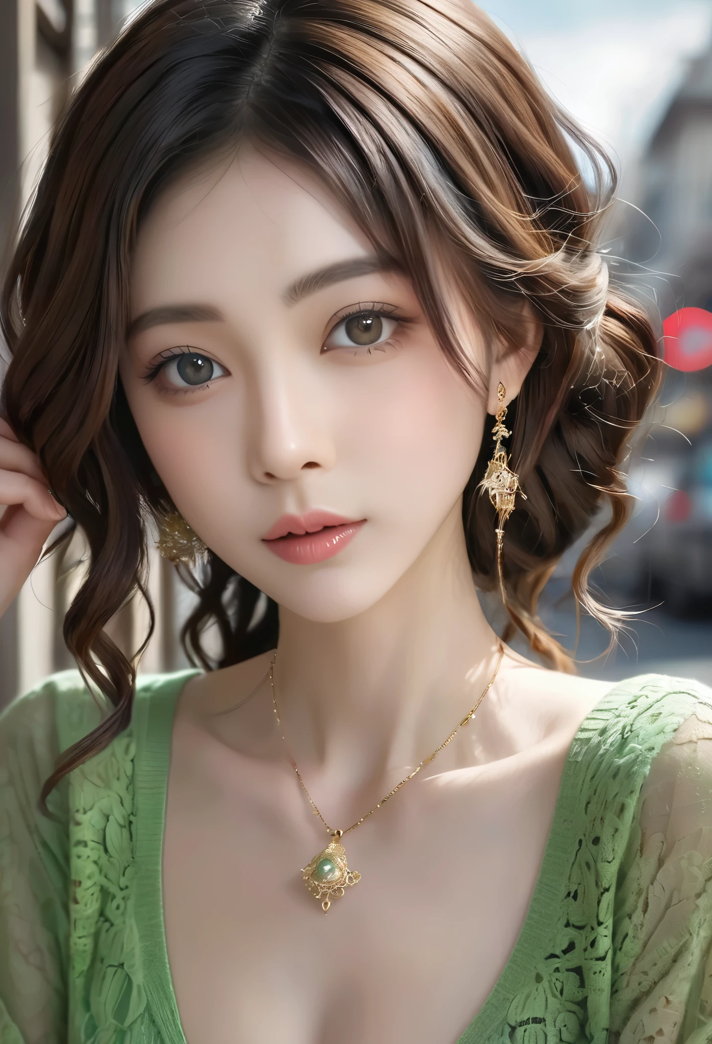 Wavy hair Wavy hair（（（Eyes are very delicate））），（（（Hair accessories））），Necklace，Sexy young girl in sexy green and gold lace sweater，New Year decorations are everywhere on the road（（（masterpiece）））， （（best quality））， （（Intricate details））， （（Surreal））（8k）