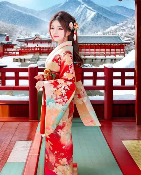 japanese dress,flying fabric,wind blow,beautiful face,8k,snow fall,temple