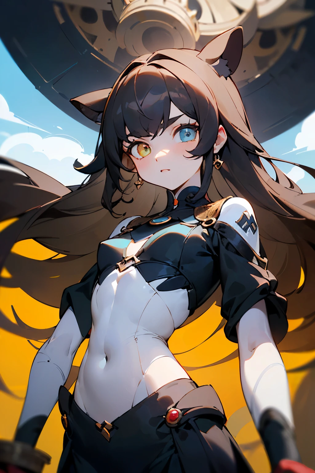 ((mejor calidad)), ((Obra maestra)), (detallado), cara perfecta, ((Female))
Physical appearance: ((1.55metros de altura + medium complexion + hombros delgados + small waist, pero sin abdomen plano + caderas anchas + muslos bastante gruesos + busto ligeramente grande + Piel bicolor (como una vaquita): brunette with spots of a darker tone + heterochromatic eyes: ambos marrones pero de tonalidades completamente opuestas; uno es muy claro y el otro es muy oscuro + Cabello largo y abundante rizado y blanco de puntas negras.))