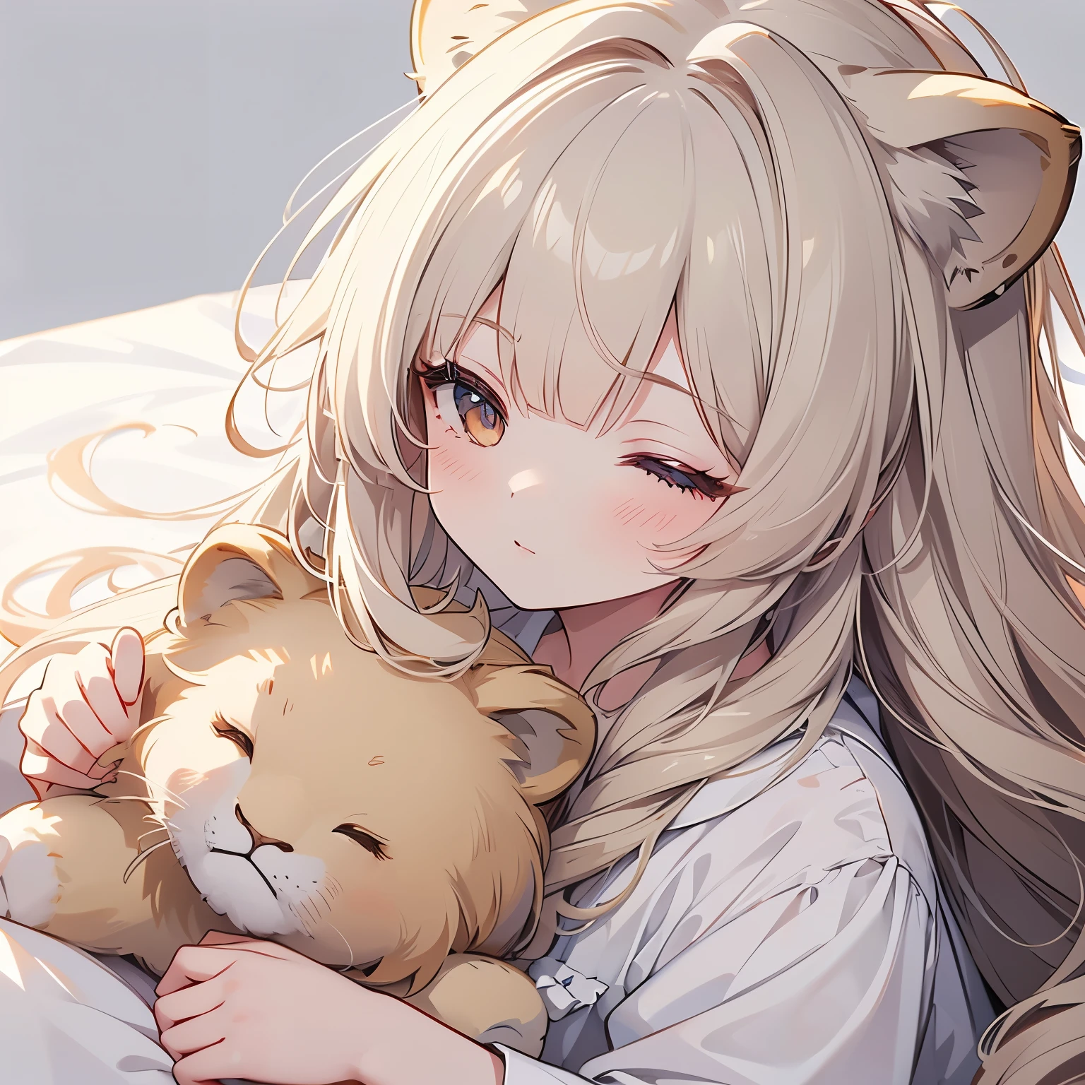 white background, masterpiece, best quality, ultra-detailed, illustration, white background,  hag a stuffed lion,  close eyes, cute, Girl, Solo, from above, beige hair, long hair, wavy hair, blunt bangs, blouse, close eyes, wearing Pajamas, hag a stuffed lion