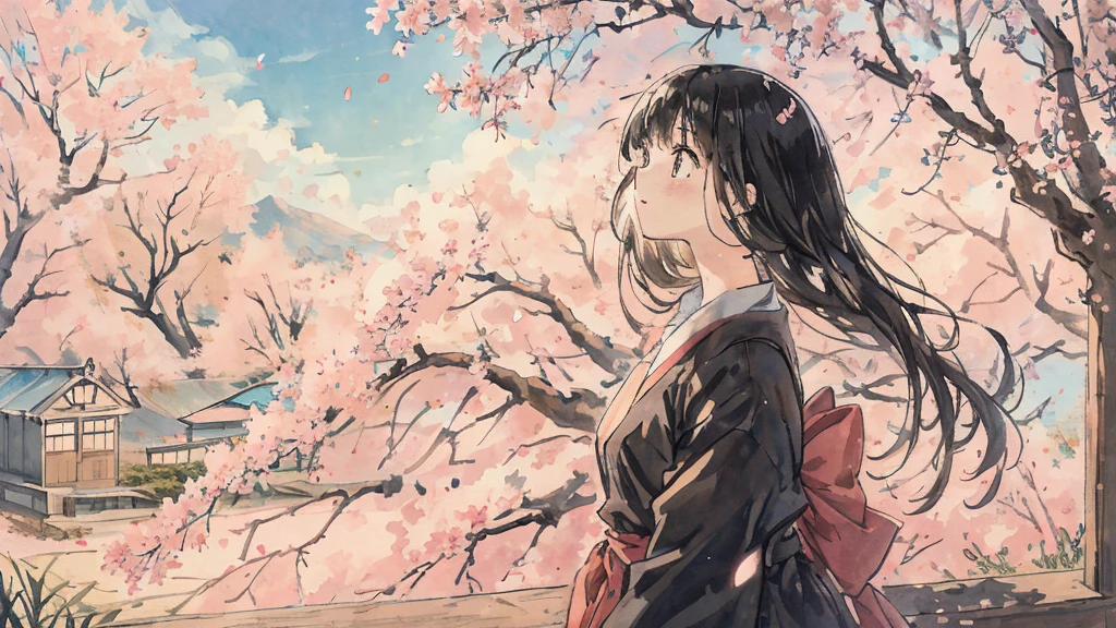 highest quality, masterpiece, very detailed, detailed background, anime, girl1, Young girl, girl, SF, cherry blossoms, outdoor, morning, greenhouse, giant structure, Wind view, scenery, horizon, look up at the sky, Wind, avert your eyes, atmosphere lighting, focus only, close, From the side, Depth of written boundary,black hair,detailed face