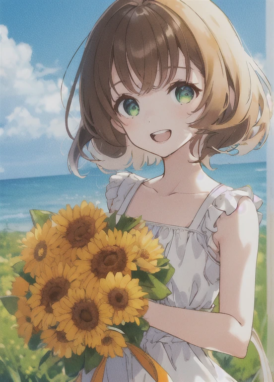 1girl, dress, flower, solo, yellow flower, holding, bouquet, outdoors, brown hair, holding bouquet, smile, looking at viewer, open mouth, sky, sleeveless, sleeveless dress, white flower, white dress, parted bangs, field, collarbone, day, bare shoulders, bangs, flower field, :d, yellow dress, bow, ribbon, frills, green eyes, sundress, standing, medium hair, blue sky, frilled dress, bare arms, orange flower