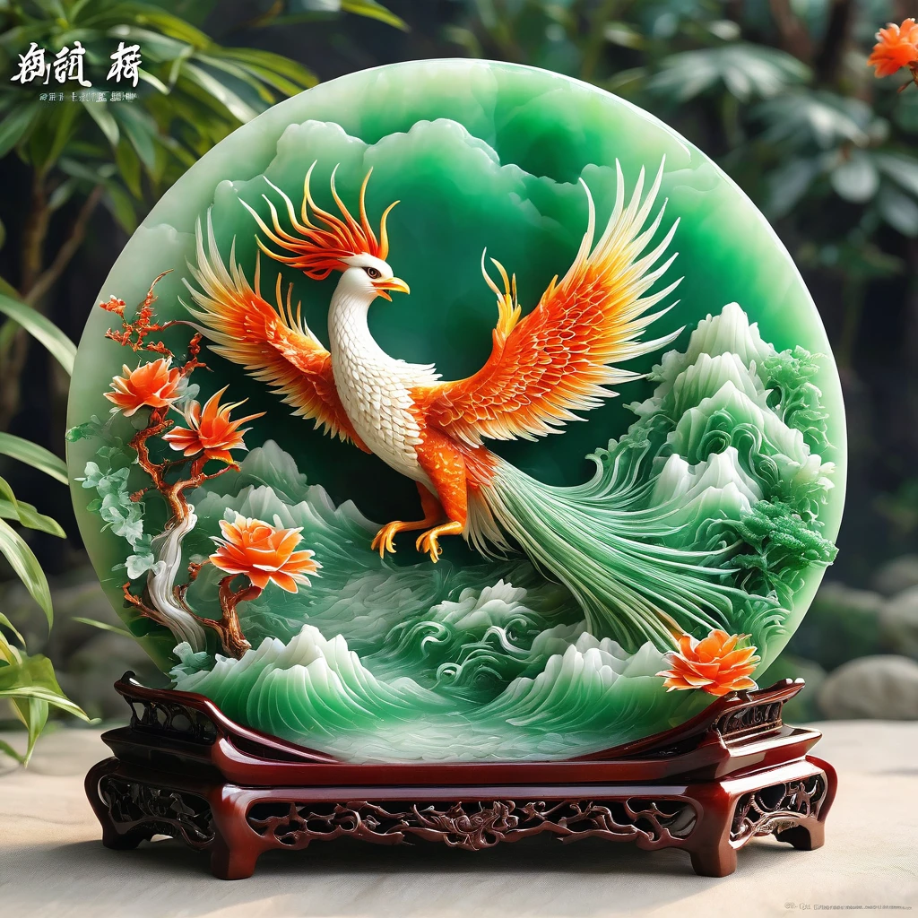 best quality, very good, 16K, ridiculous, Extremely detailed, Gorgeous mountain，flaming Phenix，Made of translucent jadeite, Background grassland（（A masterpiece full of fantasy elements）））， （（best quality））， （（Intricate details））（8k）