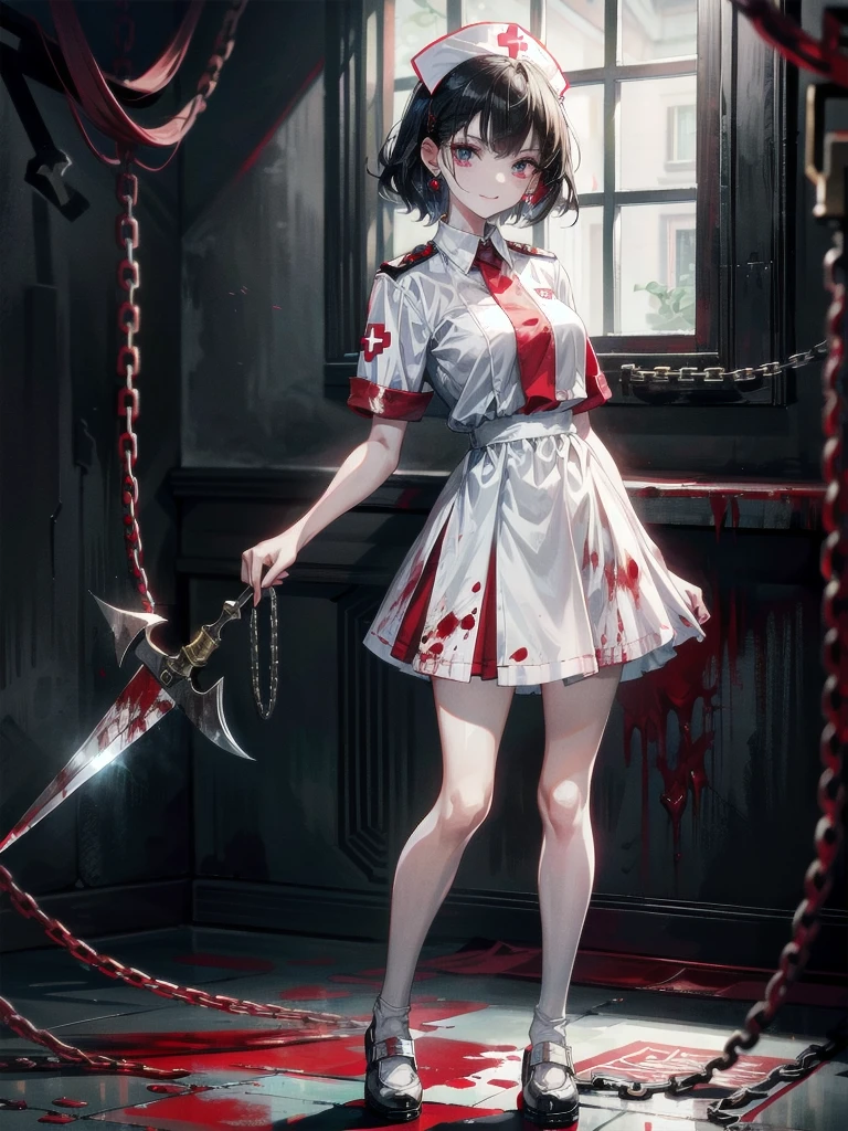 blood, blood splatter, blood on clothes, blood stain, hospital, ((nurse uniform)), holding Chain blade, absurdres, RAW photo, extremely delicate and beautiful, masterpiece, Best Quality, ultra high resolution, 32k, hyperrealistic, ultra-detailed, detailed description, pale skin, 20 years old, tearful mole, earring, Colossal tits, short medium hair, wavy hair, evil grin, full body shot,