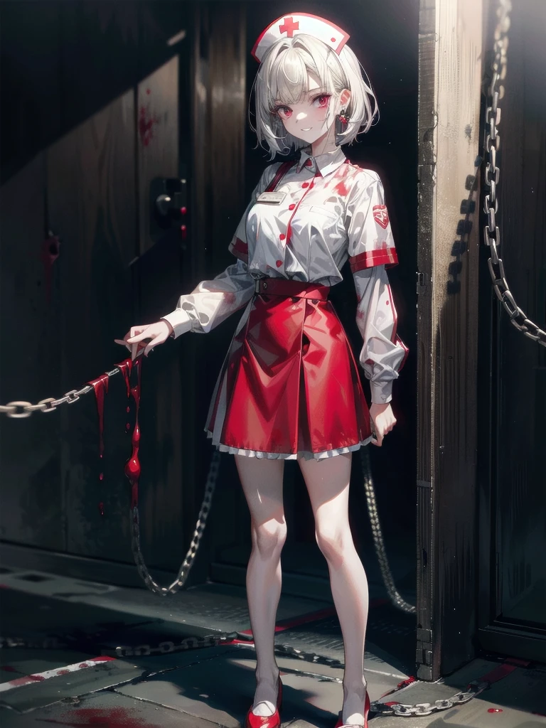 blood, blood splatter, blood on clothes, blood stain, hospital, ((nurse uniform)), holding Chain blade, absurdres, RAW photo, extremely delicate and beautiful, masterpiece, Best Quality, ultra high resolution, 32k, hyperrealistic, ultra-detailed, detailed description, pale skin, 20 years old, tearful mole, earring, Colossal tits, short medium hair, wavy hair, evil grin, full body shot,
