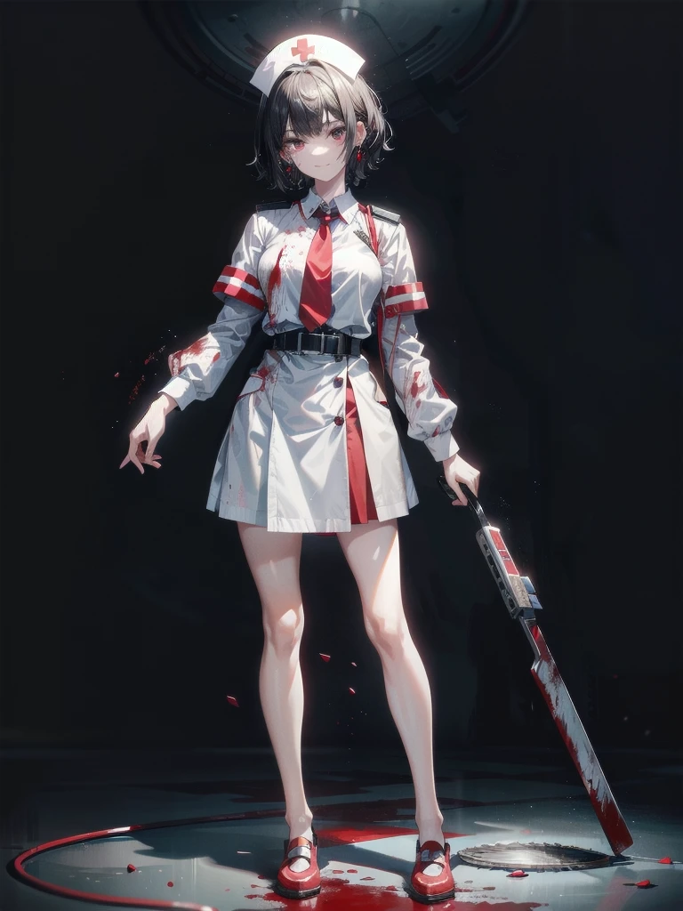blood, blood splatter, blood on clothes, blood stain, hospital, ((nurse uniform)), holding Power saw, absurdres, RAW photo, extremely delicate and beautiful, masterpiece, Best Quality, ultra high resolution, 32k, hyperrealistic, ultra-detailed, detailed description, pale skin, 20 years old, tearful mole, earring, Colossal tits, short medium hair, wavy hair, evil grin, full body shot,
