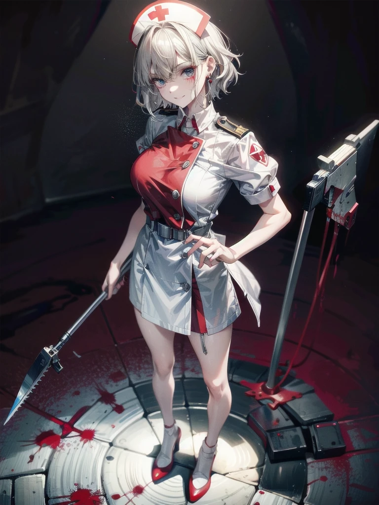 blood, blood splatter, blood on clothes, blood stain, hospital, ((nurse uniform)), holding Power saw, absurdres, RAW photo, extremely delicate and beautiful, masterpiece, Best Quality, ultra high resolution, 32k, hyperrealistic, ultra-detailed, detailed description, pale skin, 20 years old, tearful mole, earring, Colossal tits, short medium hair, wavy hair, evil grin, full body shot,