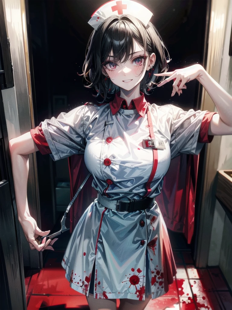 blood, blood splatter, blood on clothes, blood stain, hospital, ((nurse uniform)), holding Power saw, absurdres, RAW photo, extremely delicate and beautiful, masterpiece, Best Quality, ultra high resolution, 32k, hyperrealistic, ultra-detailed, detailed description, pale skin, 20 years old, tearful mole, earring, Colossal tits, short medium hair, wavy hair, evil grin, full body shot,