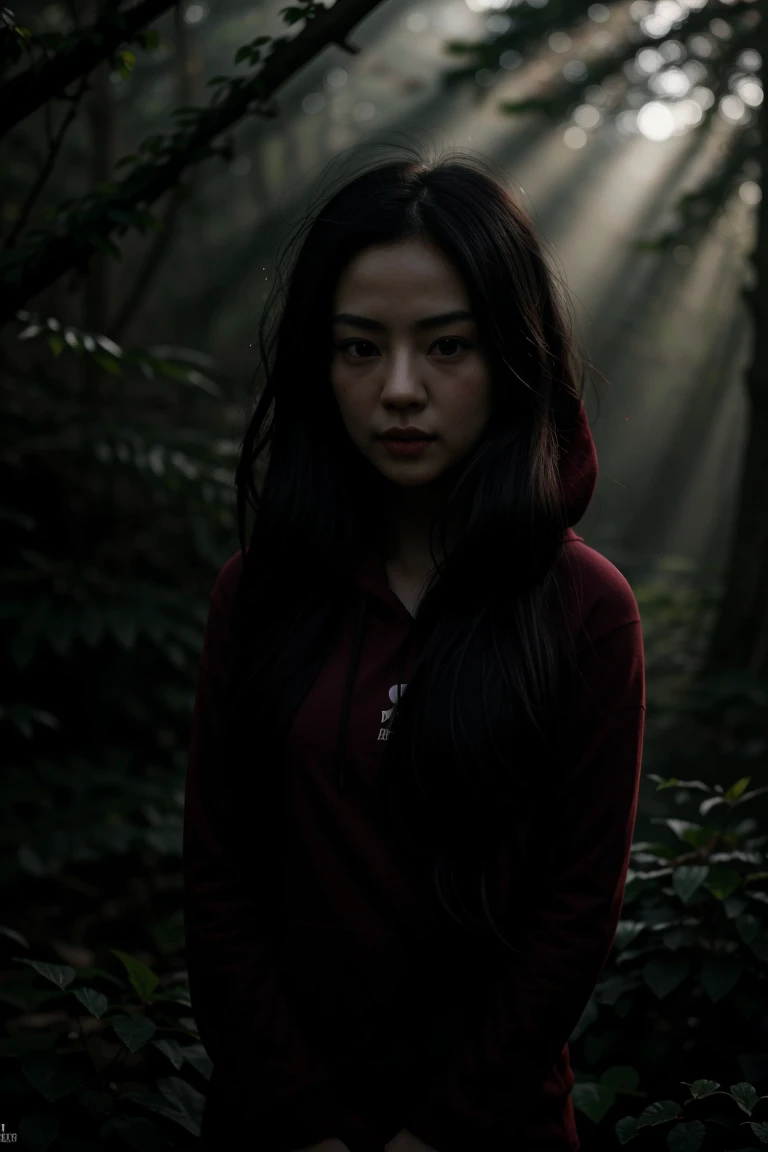 27yo, girl, chinese, (Zhang Ziyi), long black hair, wearing RED hoodie, against camp in dark forest background, morning, sunray, fog and smoke, 8k, nikon D7500, 85mm portrait, ultra-detailed,