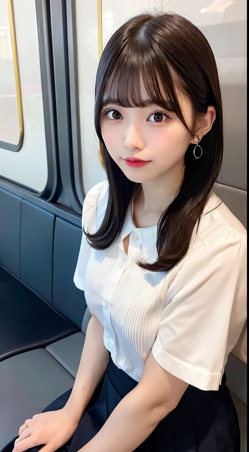 8K RAW Photos、High resolution、breast enhancement、Abdominal muscles、Ribbed、Black-haired、Beautiful at 22 years old Japan、Round face、very small lips、Round big、valley、Beautifully drawn eyes in every detail、Long eyelashes、Beautiful double eyelids、Three white eyes、Duck mouth、Blunt bangs、Bowl Cut、Earrings、necklace、Random facial expressions、White dress shirt, Upper Body,, (Navy Pleated Skirt:1.1), Thighs Thighs Thighs Thighs, Short sleeve, in the train, sit on bench seat,  (Dark red tie:1.1)