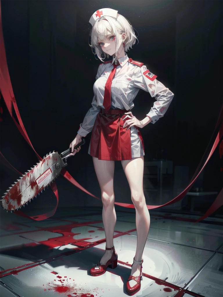 blood, blood splatter, blood on clothes, blood stain, hospital, ((nurse uniform)), holding Chainsaw machine, absurdres, RAW photo, extremely delicate and beautiful, masterpiece, Best Quality, ultra high resolution, 32k, hyperrealistic, ultra-detailed, detailed description, pale skin, 20 years old, tearful mole, earring, Colossal tits, short medium hair, wavy hair, evil grin, full body shot,