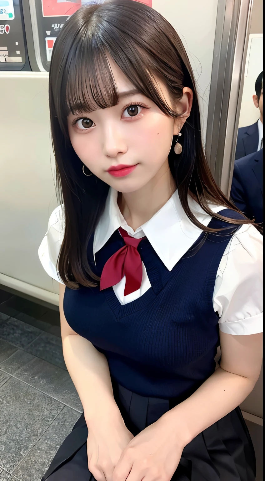 8K RAW Photos、High resolution、breast enhancement、Abdominal muscles、Ribbed、Black-haired、Beautiful at 22 years old Japan、Round face、very small lips、Round big、valley、Beautifully drawn eyes in every detail、Long eyelashes、Beautiful double eyelids、Three white eyes、Duck mouth、Blunt bangs、Bowl Cut、Earrings、necklace、Random facial expressions、White dress shirt, Upper Body,, (Navy Pleated Skirt:1.1), Thighs Thighs Thighs Thighs, Short sleeve, in the train, sit on bench seat,  (Dark red tie:1.1)