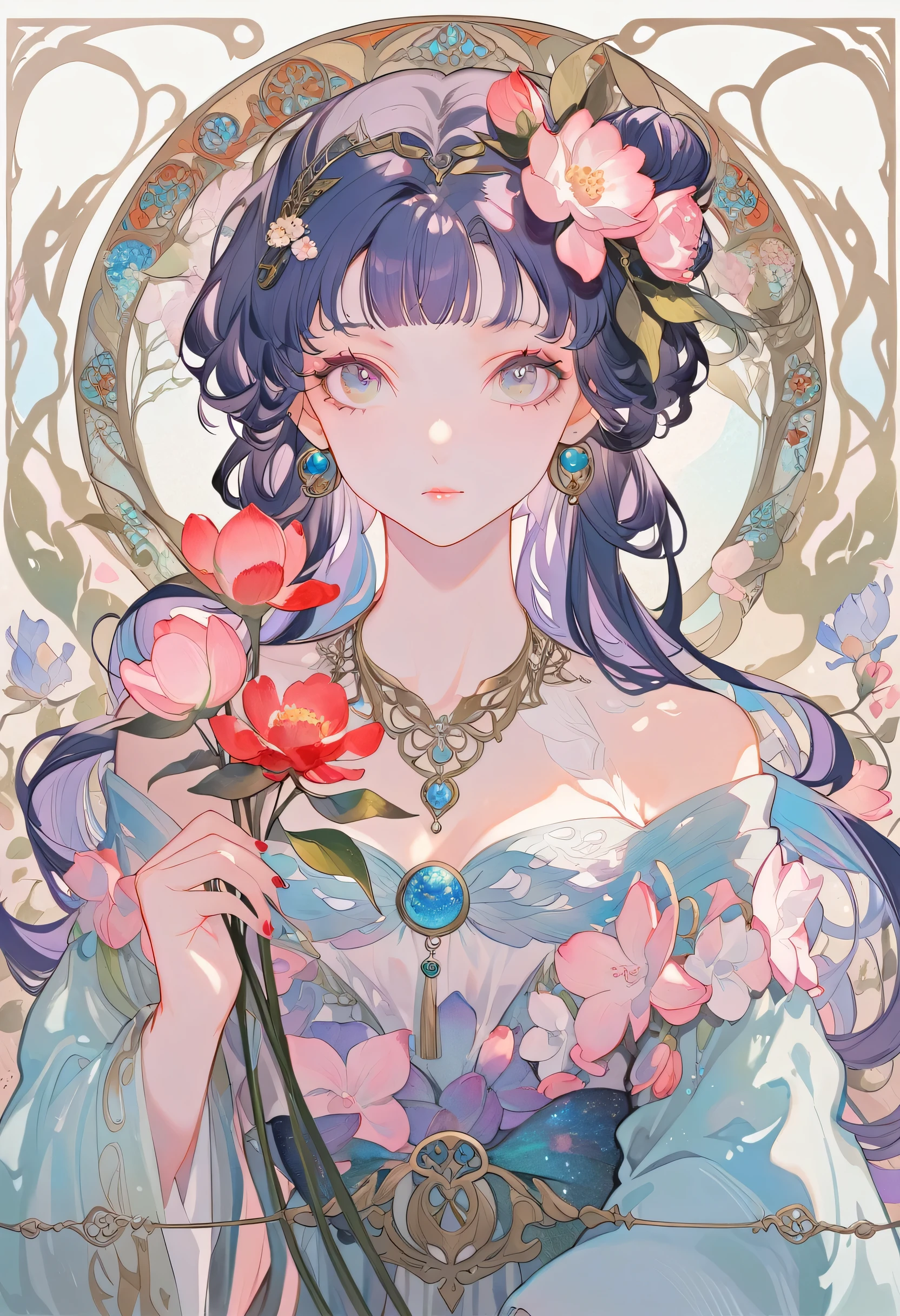 An ultra-detailed watercolor painting,Depicts a gorgeous woman with flowers in her hair, Following the style of Alphonse Maria Mucha and Gustav Kilmut, Art Nouveau accents, fairy princess, Anthropomorphic female, Female image, Detailed cover design, as goddess of flowers, Alphonse Mucha, by Gustav Klimt, pale blue skin, Marble Sculpture, CG society, Gothic art, Art Nouveau, Winner of the Behance competition
