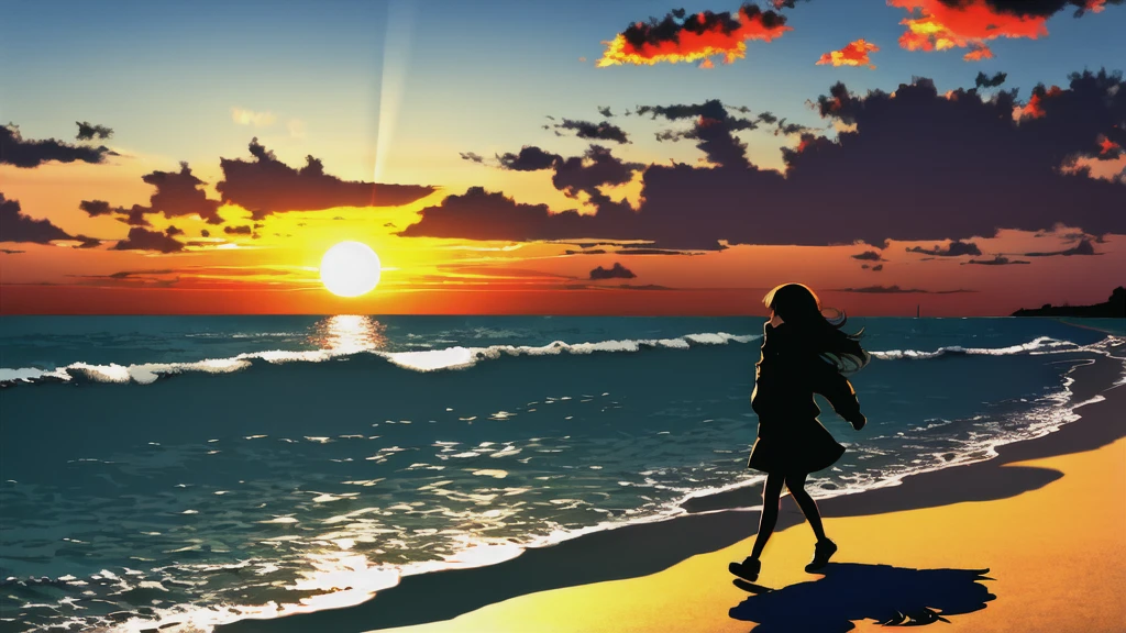 The light of the setting sun reflects fantastically from the seaside and scatters、Flying lights,Silhouette of a girl walking, ((Long Shadows))