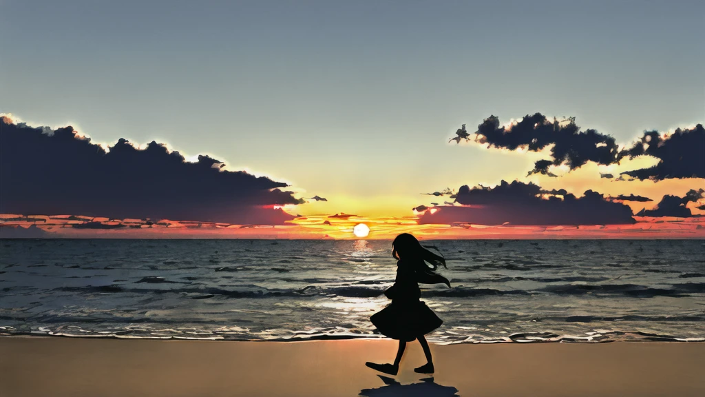 The light of the setting sun reflects fantastically from the seaside and scatters、Flying lights,Silhouette of a girl walking, ((Long Shadows))