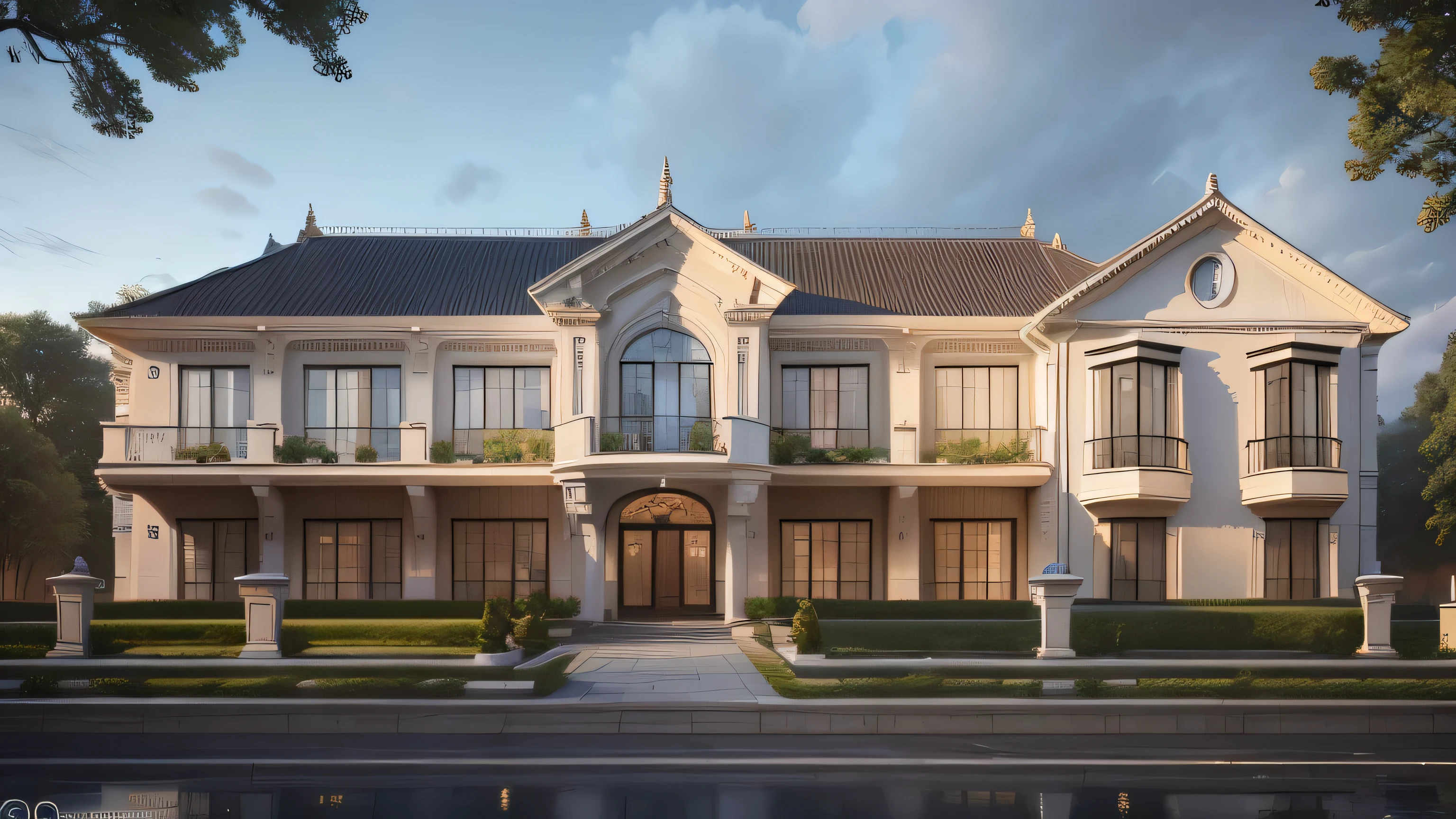 A multi-storey building is located in the middle of the frame,European architectural style,Night effect,Cloudy sky,Hyper-realistic picture,hyperedetailed photo,There are woods on both sides of the building,The exterior of the building is opalescent marble,There are night light effects turned on,There is a yard,There is a lawn,