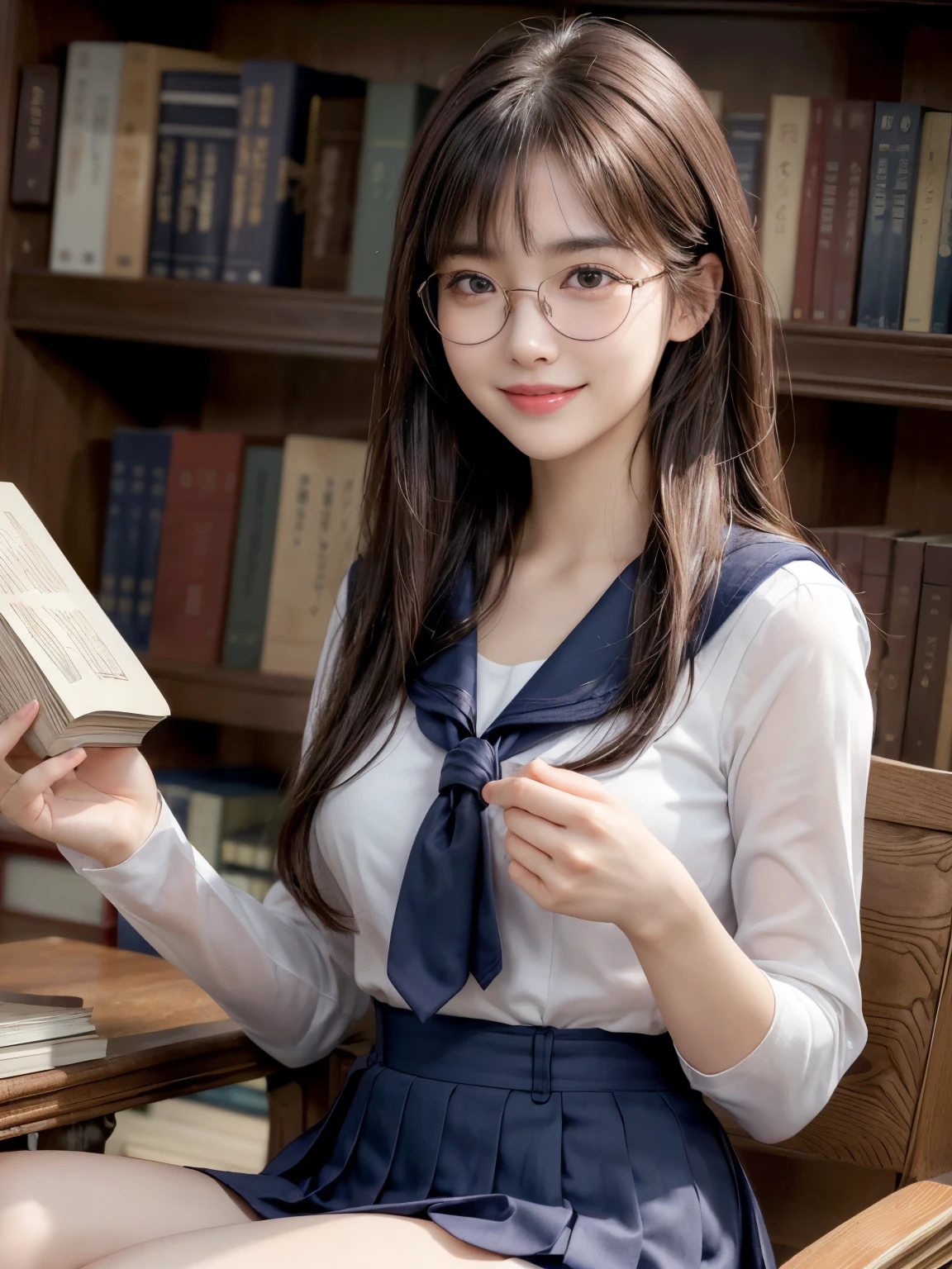 8k, highest quality, masterpiece, Ultra-high resolution, (Realistic:1.4), whole body、RAW Photos, ((Long brown straight hair, See-through bangs))), Beautiful Details 1 Girl, (Realistic:1.4), High-resolution RAW color photos, Professional photos, Highly detailed eyes and face, Natural light, Facial details, White skin, Shiny skin, Tight waist, Small Ass, Thin legs,Natural Breasts, just looking at the audience, Cute Smile, (((Reading a book in the library)))、Bookshelf、((Japanese navy blue sailor uniform、Wearing glasses))、Smiling with teeth showing